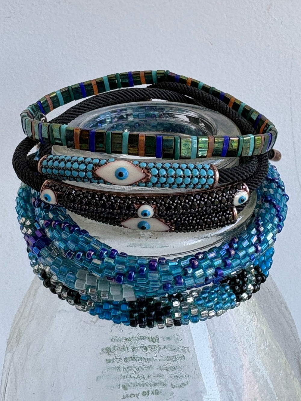 🧿 Bundle of 7 blue/green beaded & evil eye bracelets - perfect boho stack!